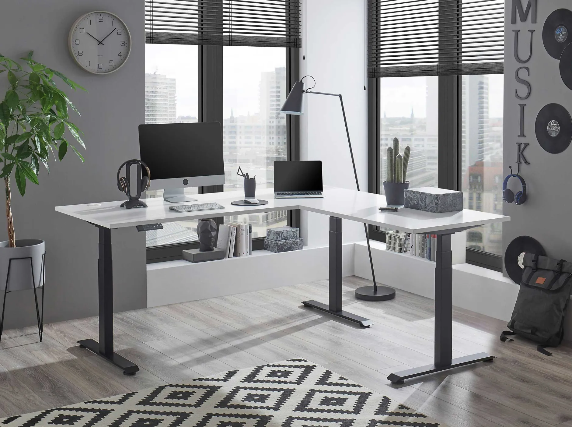 Ben Verstellbarer Eckschreibtisch 185x77x74-125cm - weiß/schwarz