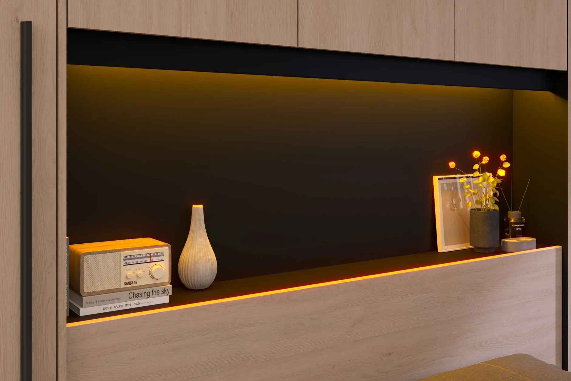 Bettbrücke Ponte 265cm mit zwei Nachttischen und LED-Beleuchtung - Eiche Dekor/schwarz