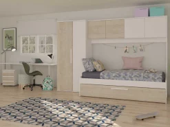 Bett Lev 90x200 cm mit Schrank und Bettschublade - Kiefer/weiß