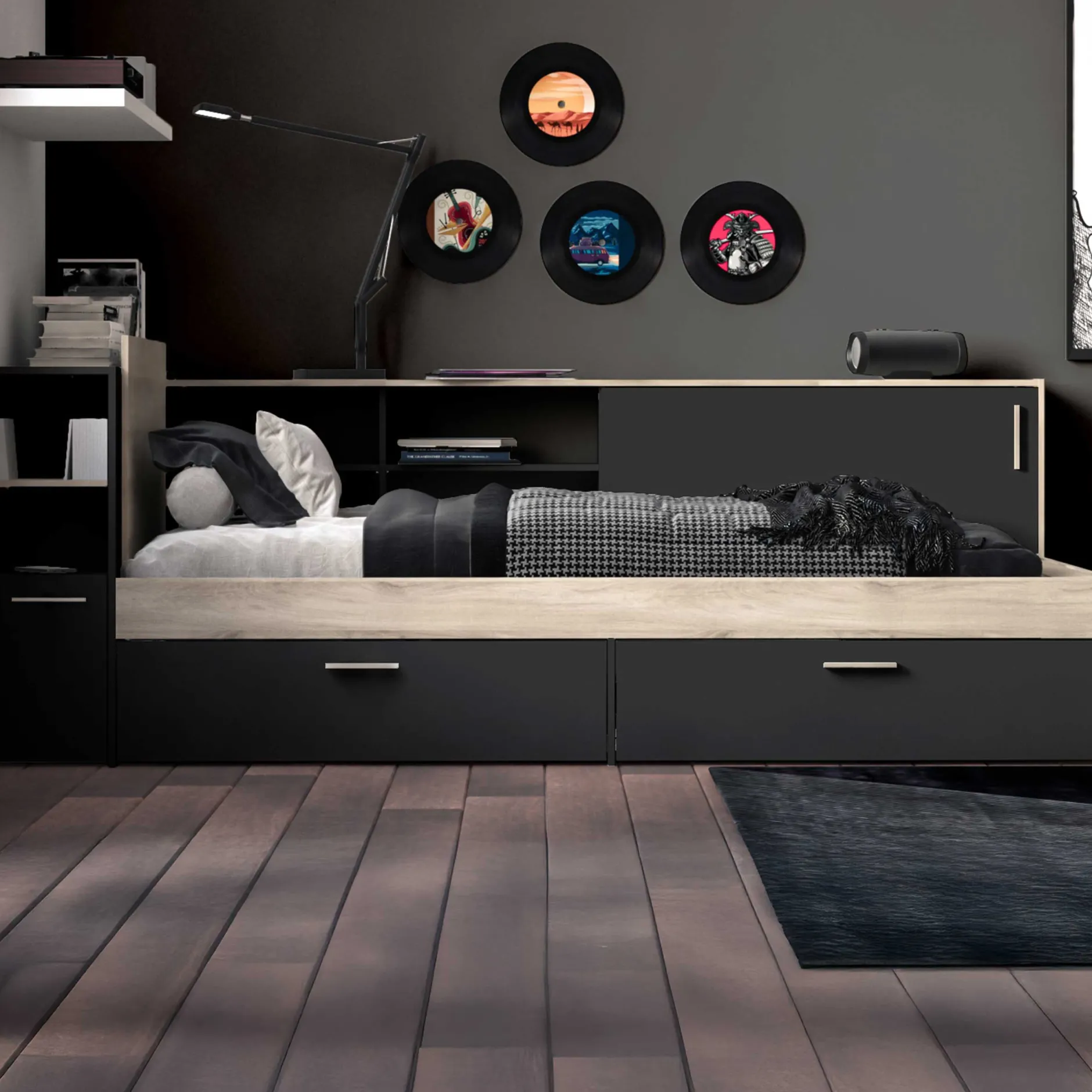 Bett Liva 90 x 190/200 cm-Kronberg Eiche/Mattschwarz