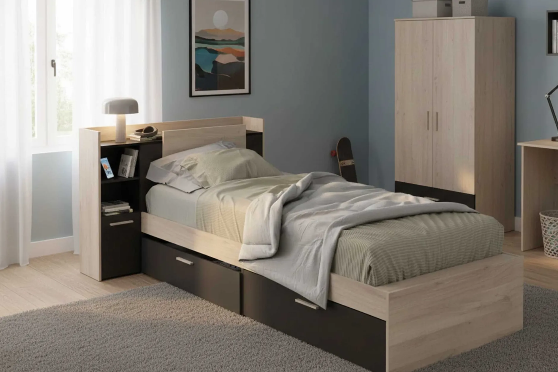 Bett Liva 90 x 190 cm-Kronberg Eiche/mattschwarz