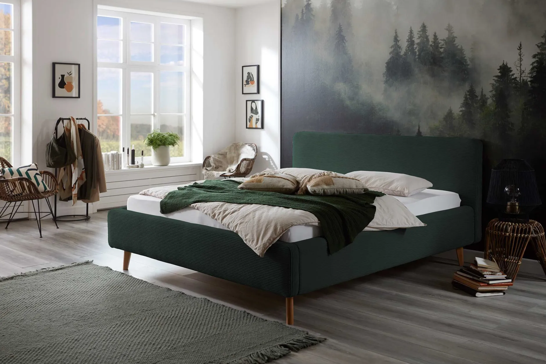 Bett Madras 160x200cm mit Lagerung Rippe Samt - dunkelgrün