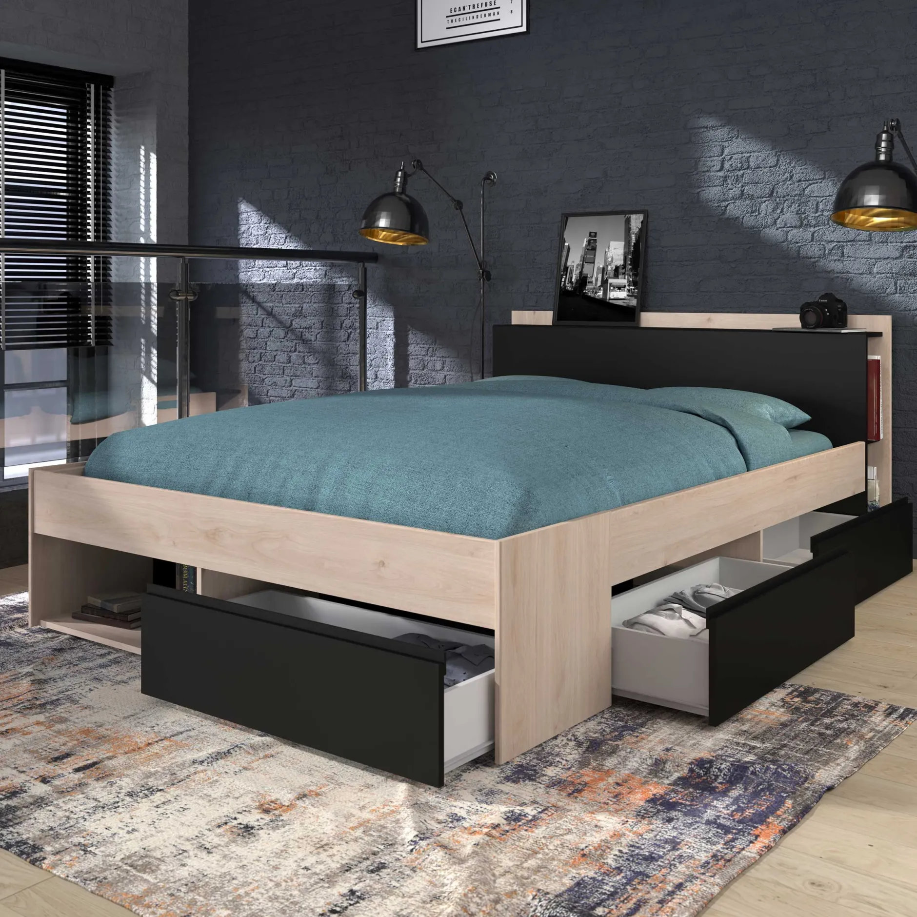 Bett Most 160x200cm - Eiche/schwarz