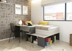 Bett Quinn 90x200 cm mit Schreibtisch und Stauraum - Kiefer/grau