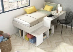 Bett Quinn 90x200 cm mit Schreibtisch und Stauraum - Kiefer/weiß