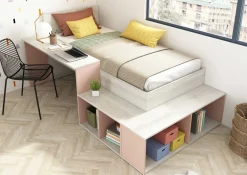 Bett Quinn 90x200 cm mit Schreibtisch und Stauraum - Kiefer/altrosa