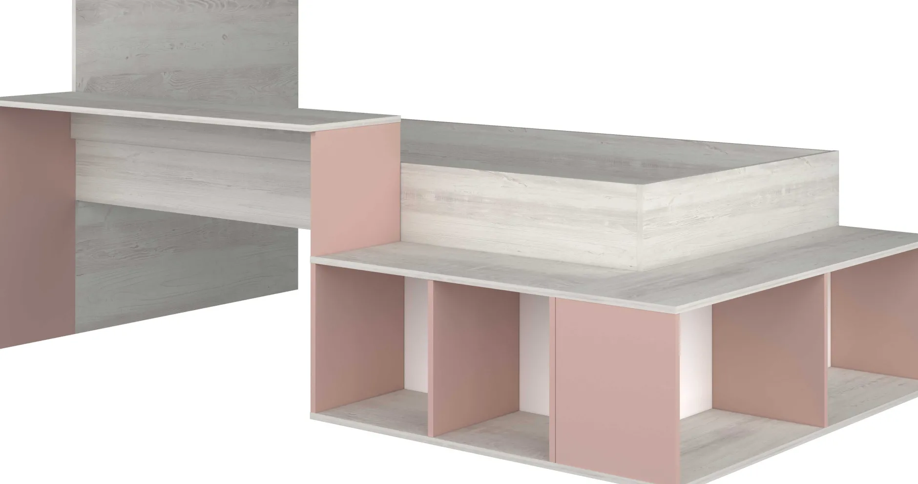Bett Quinn 90x200 cm mit Schreibtisch und Stauraum - Kiefer/altrosa