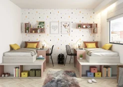 Bett Quinn 90x200 cm mit Schreibtisch und Stauraum - Kiefer/altrosa