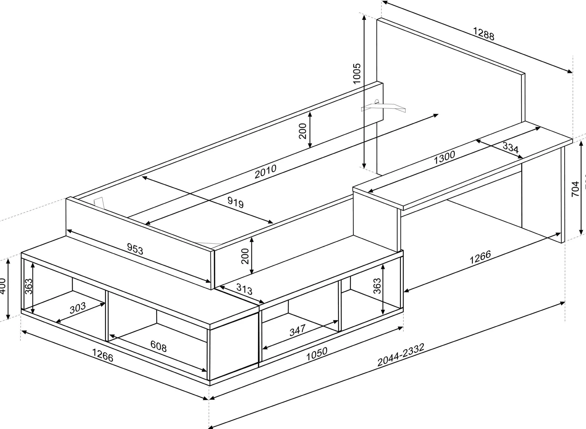Bett Quinn 90x200 cm mit Schreibtisch und Stauraum - Kiefer/altrosa