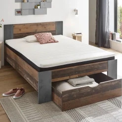 Bett Rudi 140x200 mit 1 Schublade - alter Stil/Beton