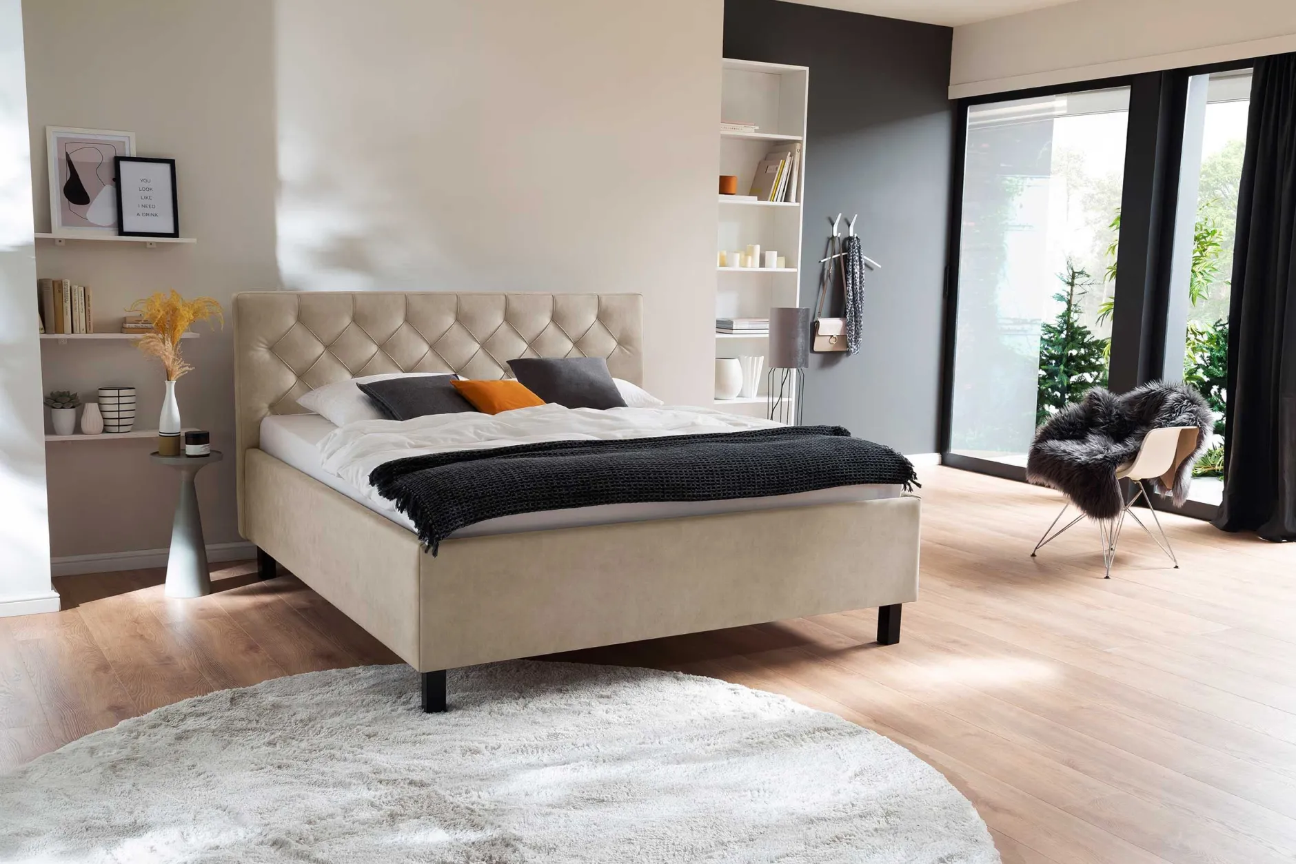 Bett San Marino 160x200cm mit Stauraum Kunstleder - beige/schwarz
