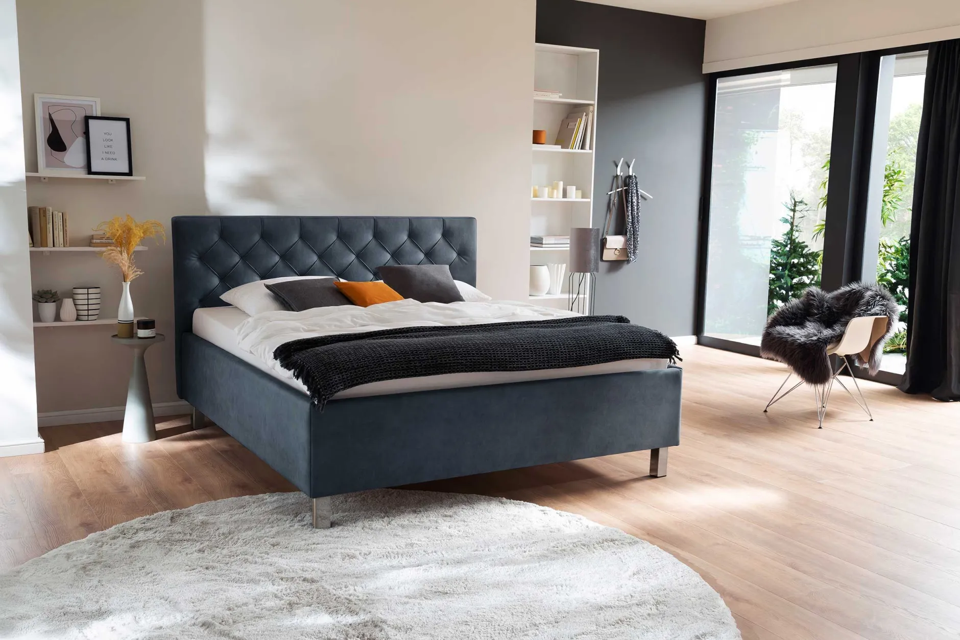 Bett San Marino 180x200cm mit Stauraum Kunstleder - blau/chrom
