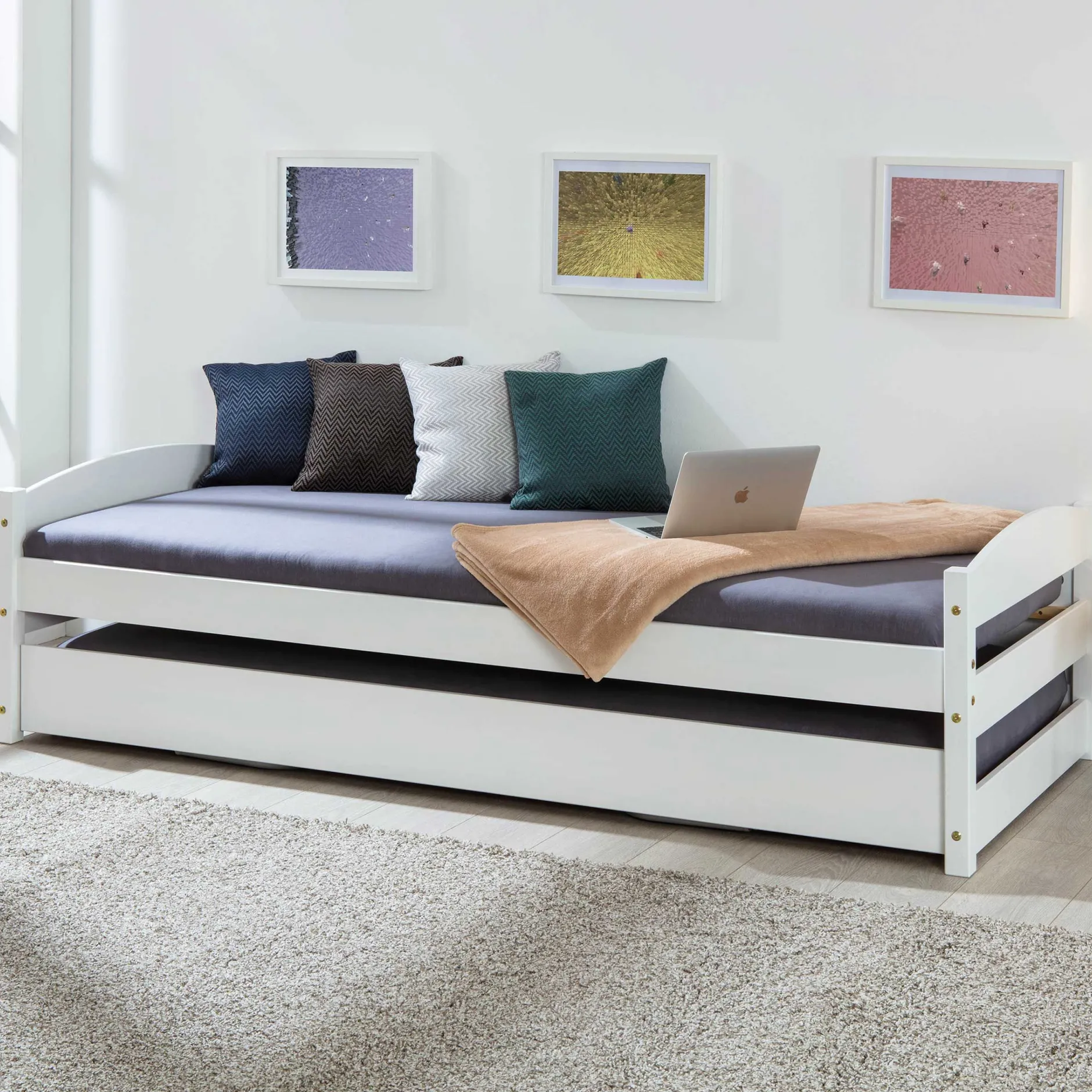 Bett Vindas 90x200 mit höhenverstellbarem Gästebett - weiß