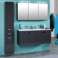 BobbiBadezimmer : Säulenschrank, Spiegelschrank mit LED-Beleuchtung, Waschtischschrank - Hochglanz grau