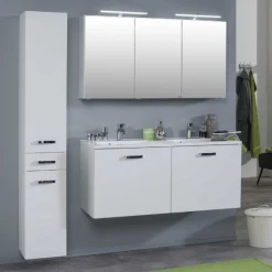 BobbiBadezimmer : Säulenschrank, Waschbeckenschrank, Spiegelschrank - Hochglanz weiß
