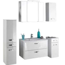 BobbiBadezimmer : Säulenschrank, Spiegelschrank, Waschbeckenunterschrank, Hängeschrank, Unterschrank - Hochglanz weiß