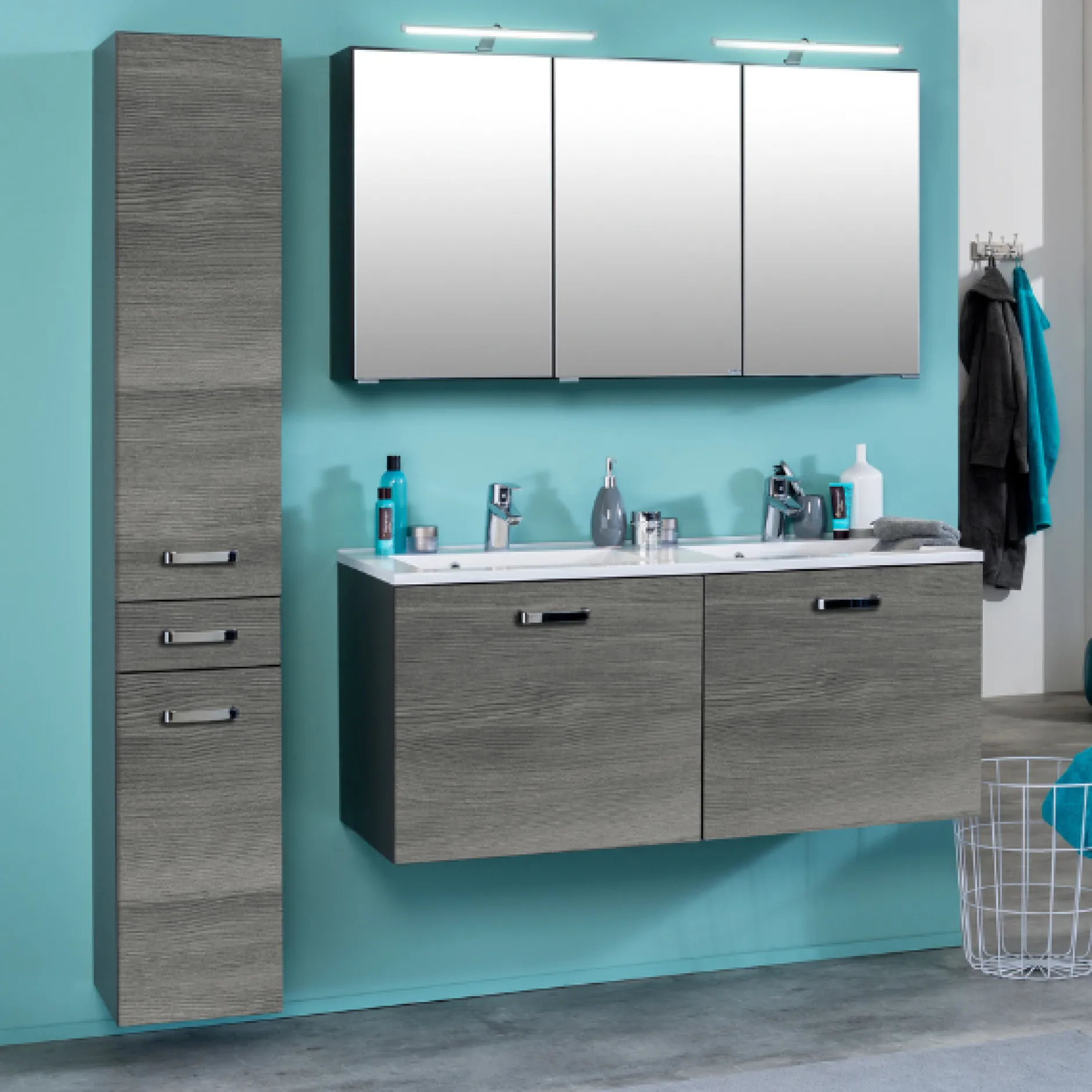 BobbiBadezimmer : Säulenschrank, Waschtischschrank, Spiegelschrank - Eiche grau