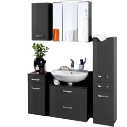 BobbiBadezimmer : 3x Hängeschrank, Spiegelschrank, Waschtischunterschrank - Hochglanz grau