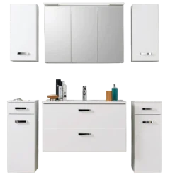 BobbiBadezimmer : 2x Hängeschrank, 2x Unterschrank, Spiegelschrank, Waschbeckenschrank - Hochglanz weiß