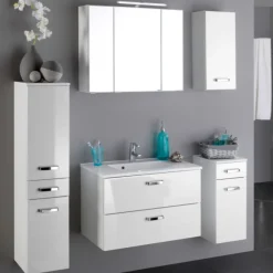 BobbiBadezimmer : 2x Hängeschrank, 2x Unterschrank, Spiegelschrank, Waschbeckenschrank - Hochglanz weiß