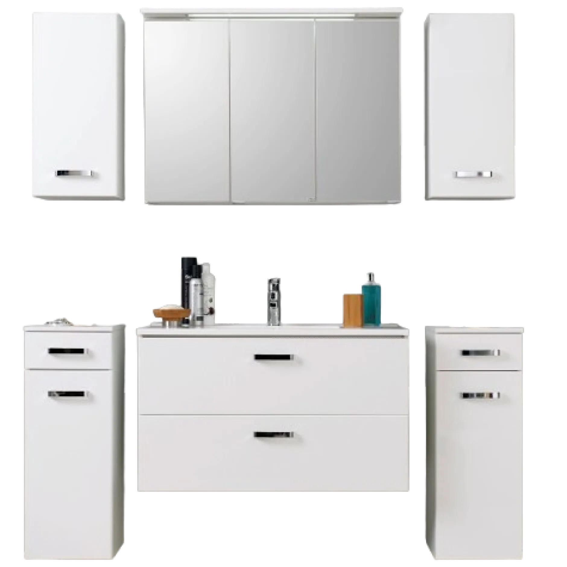 BobbiBadezimmer : 2x Hängeschrank, 2x Unterschrank, Spiegelschrank, Waschbeckenschrank - Hochglanz weiß