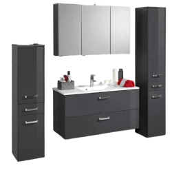 BobbiBadezimmer : 2x Säulenschrank, Spiegelschrank, Waschbeckenschrank - Hochglanz grau