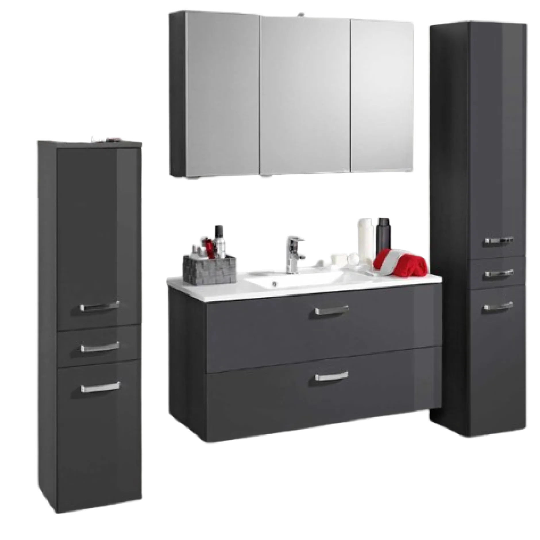 BobbiBadezimmer : 2x Säulenschrank, Spiegelschrank, Waschbeckenschrank - Hochglanz grau