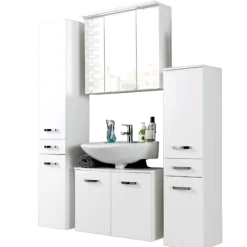 BobbiBadezimmer : 2x Säulenschrank, Waschtischunterschrank, Spiegelschrank - Hochglanz weiß