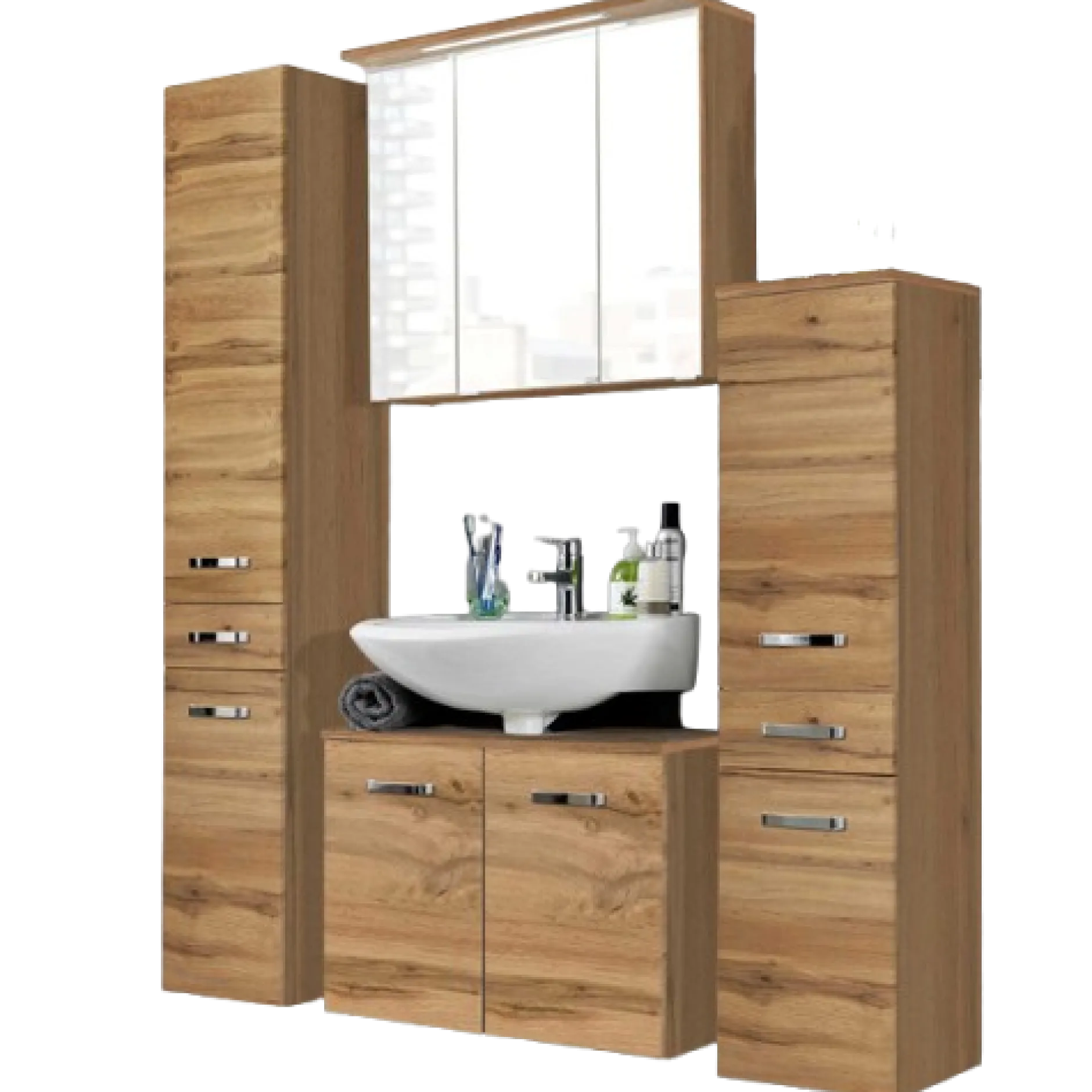 BobbiBadezimmer : 2x Säulenschrank, Spiegelschrank, Waschtischunterschrank - Eiche