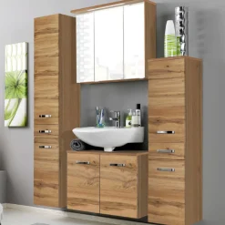 BobbiBadezimmer : 2x Säulenschrank, Spiegelschrank, Waschtischunterschrank - Eiche