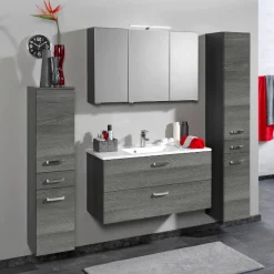 BobbiBadezimmer : 2x Säulenschrank, Spiegelschrank, Waschtischschrank - Eiche grau