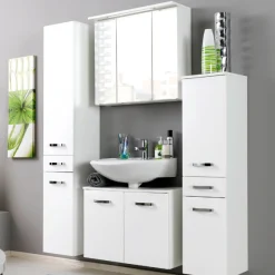 BobbiBadezimmer : 2x Säulenschrank, Waschtischunterschrank, Spiegelschrank - Hochglanz weiß