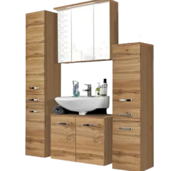 BobbiBadezimmer : 2x Säulenschrank, Spiegelschrank, Waschtischunterschrank - Eiche