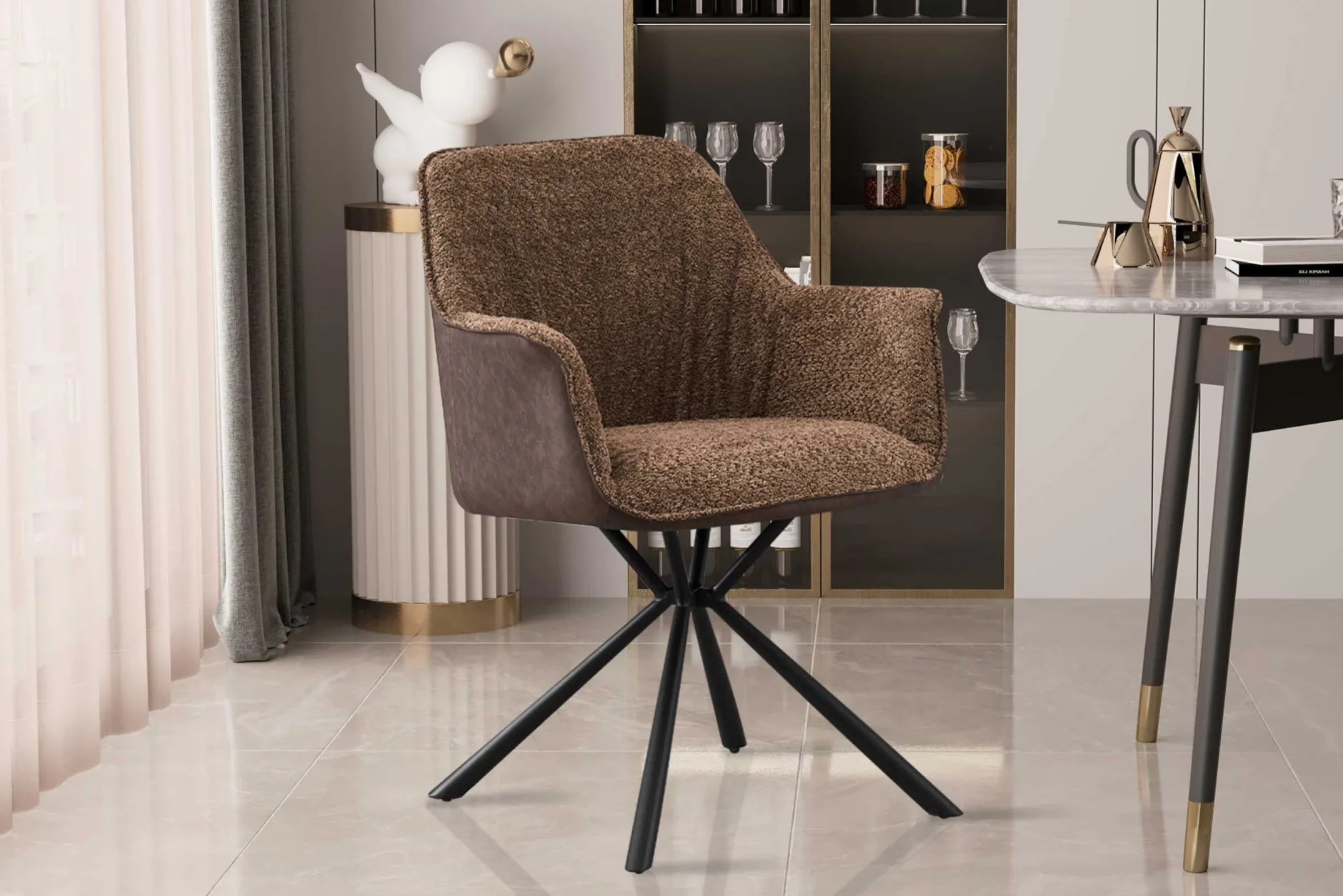 Bouclé-Stuhl Lucie Braun PU-Rücken | Metallbeine | H82,5 x B62 x T63 cm