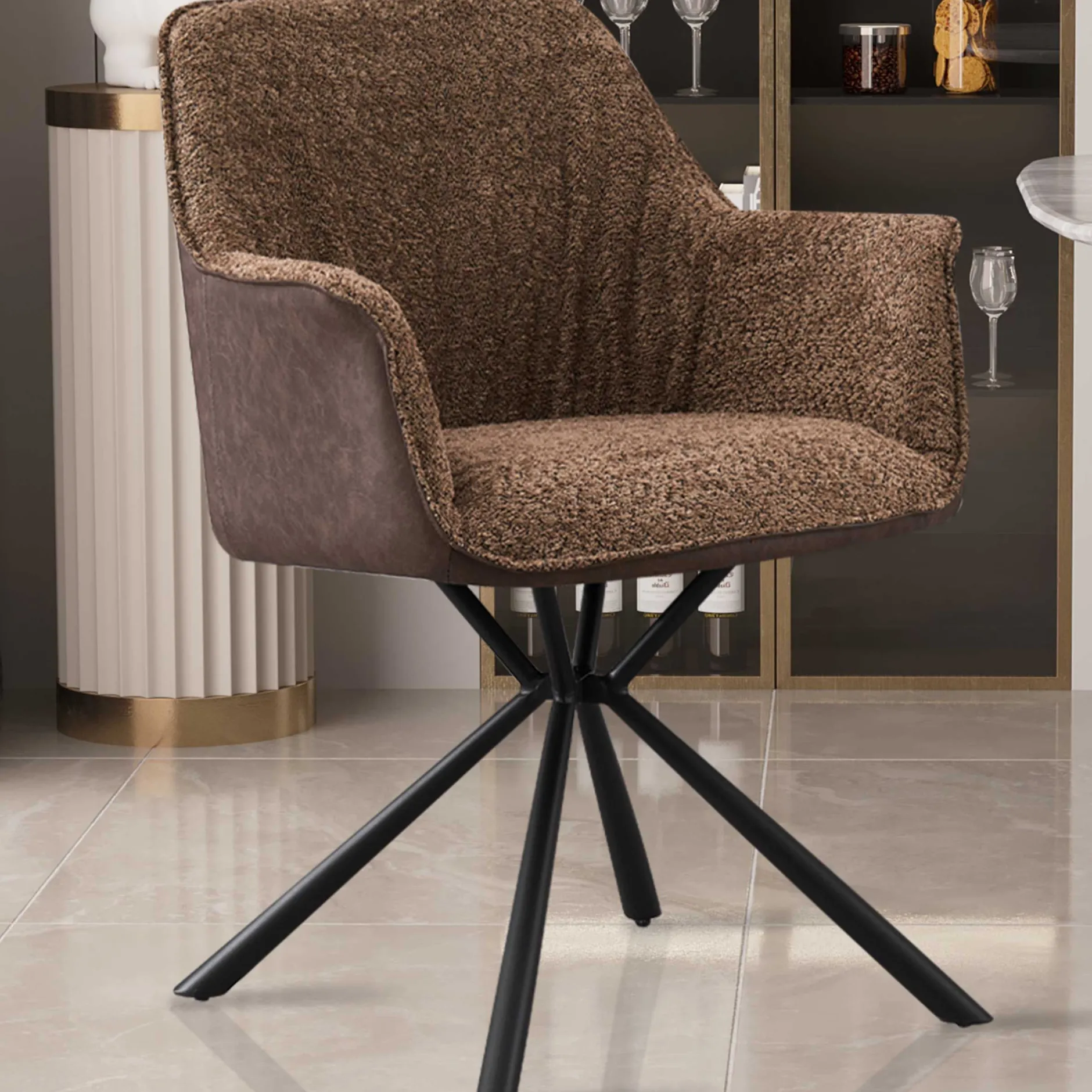 Bouclé-Stuhl Lucie Braun PU-Rücken | Metallbeine | H82,5 x B62 x T63 cm