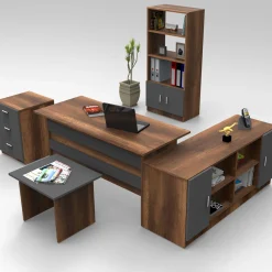 Büromöbel-Set VO15 - 100% MELAMINE - Nussbaum - 140 x 140 x 60 cm