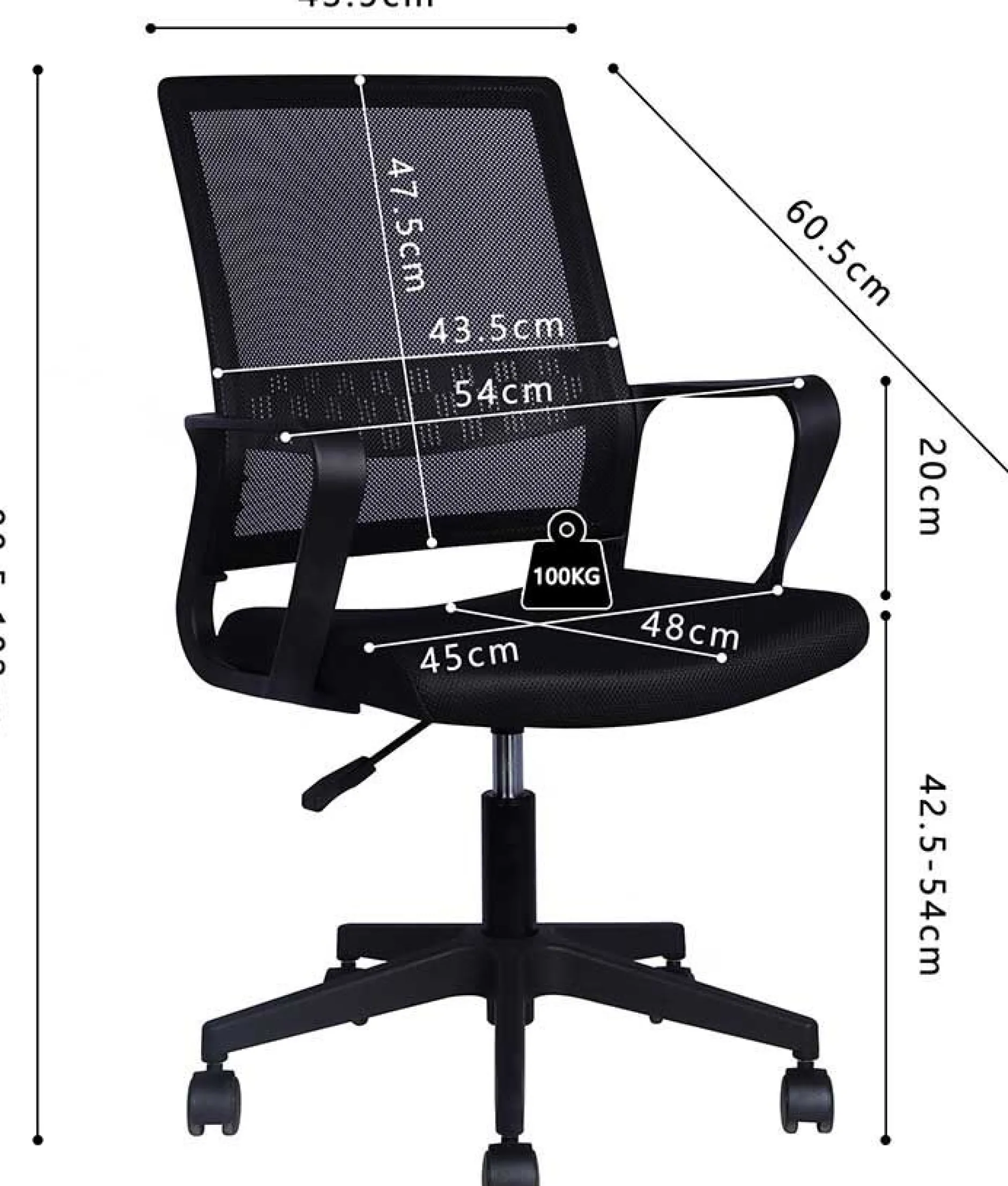 Bürostuhl Dylan - 54x60x90cm - mit Rollen - verstellbar - schwarz