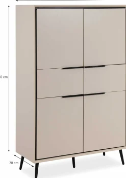 Buffetschrank Auryn - 90x38x140cm - 4 Türen und 2 Schubladen - sand/schwarz