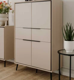 Buffetschrank Auryn - 90x38x140cm - 4 Türen und 2 Schubladen - sand/schwarz