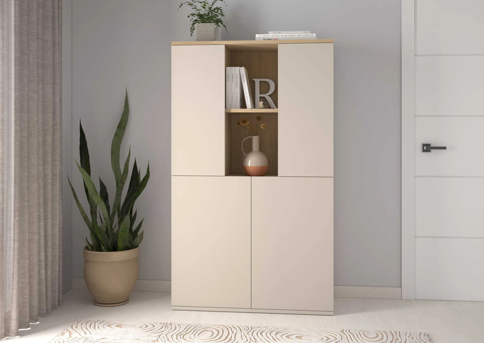 Buffetschrank Kosmo - 90x35x150cm - 4 Türen - Kaschmir/Eiche Dekor