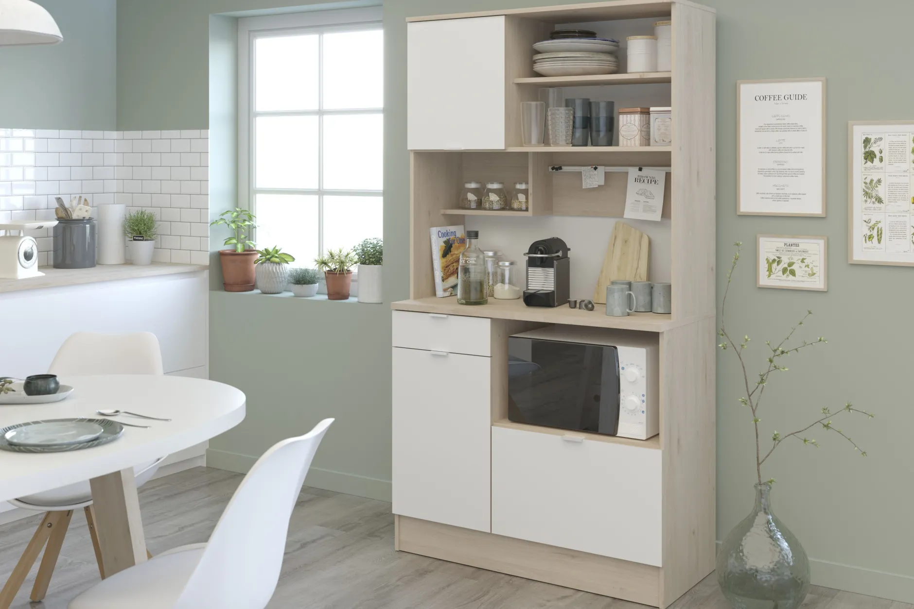Buffetschrank Lydia 100cm, 3 Türen und 1 Schublade - Dekor Weiß/Eiche