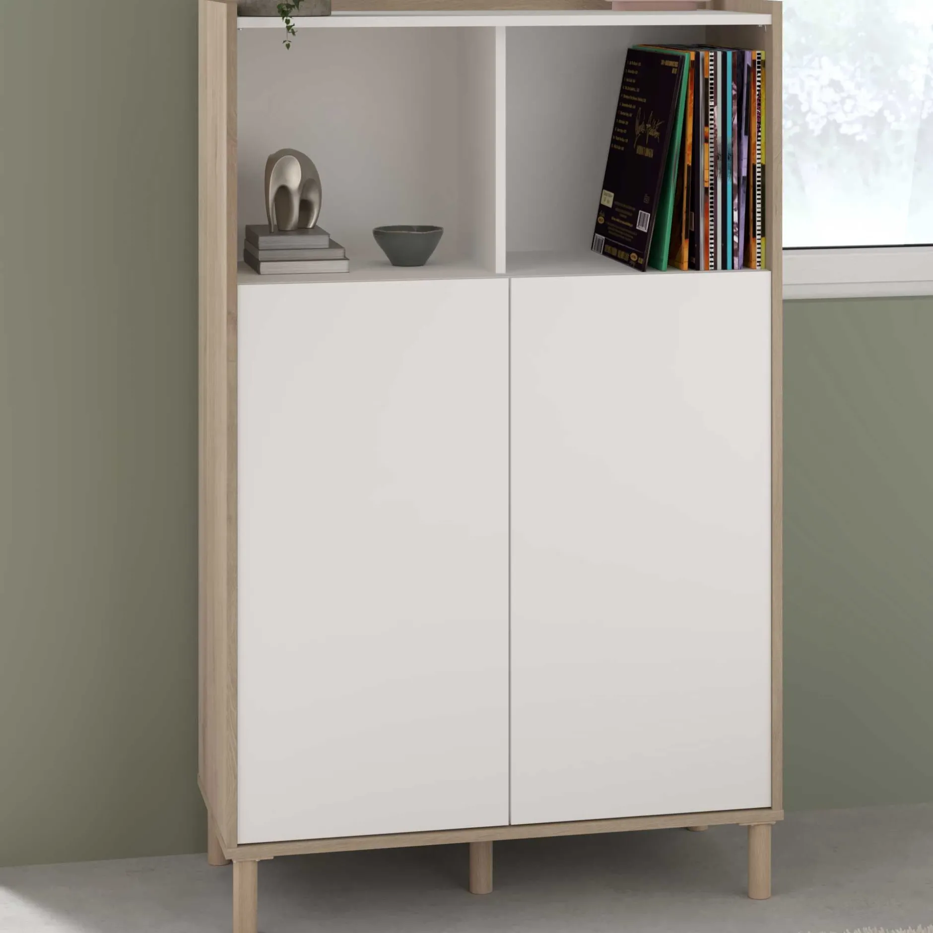 Buffetschrank Morpheus - 84x40x135cm - 2 Türen - Eiche Dekor/Weiß