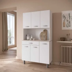 Buffetschrank Pavel 185cm hoch - matt weiß/akazienfarben mit Arbeitsplatte