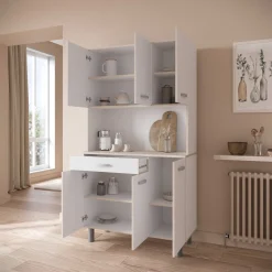 Buffetschrank Pavel 185cm hoch - matt weiß/akazienfarben mit Arbeitsplatte