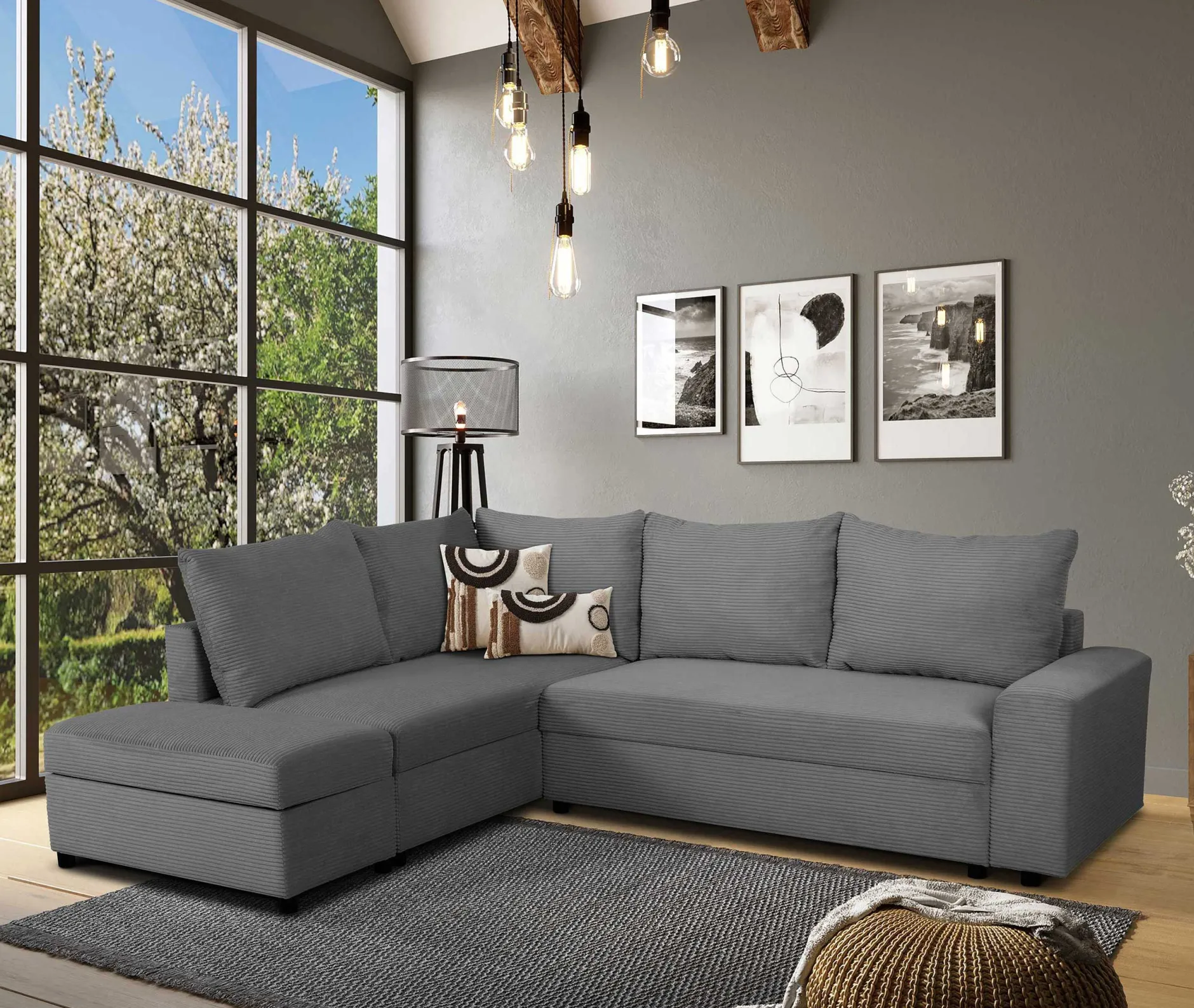 Castel Ecksofa links - mit Stauraum - anthrazit gerippter Samt