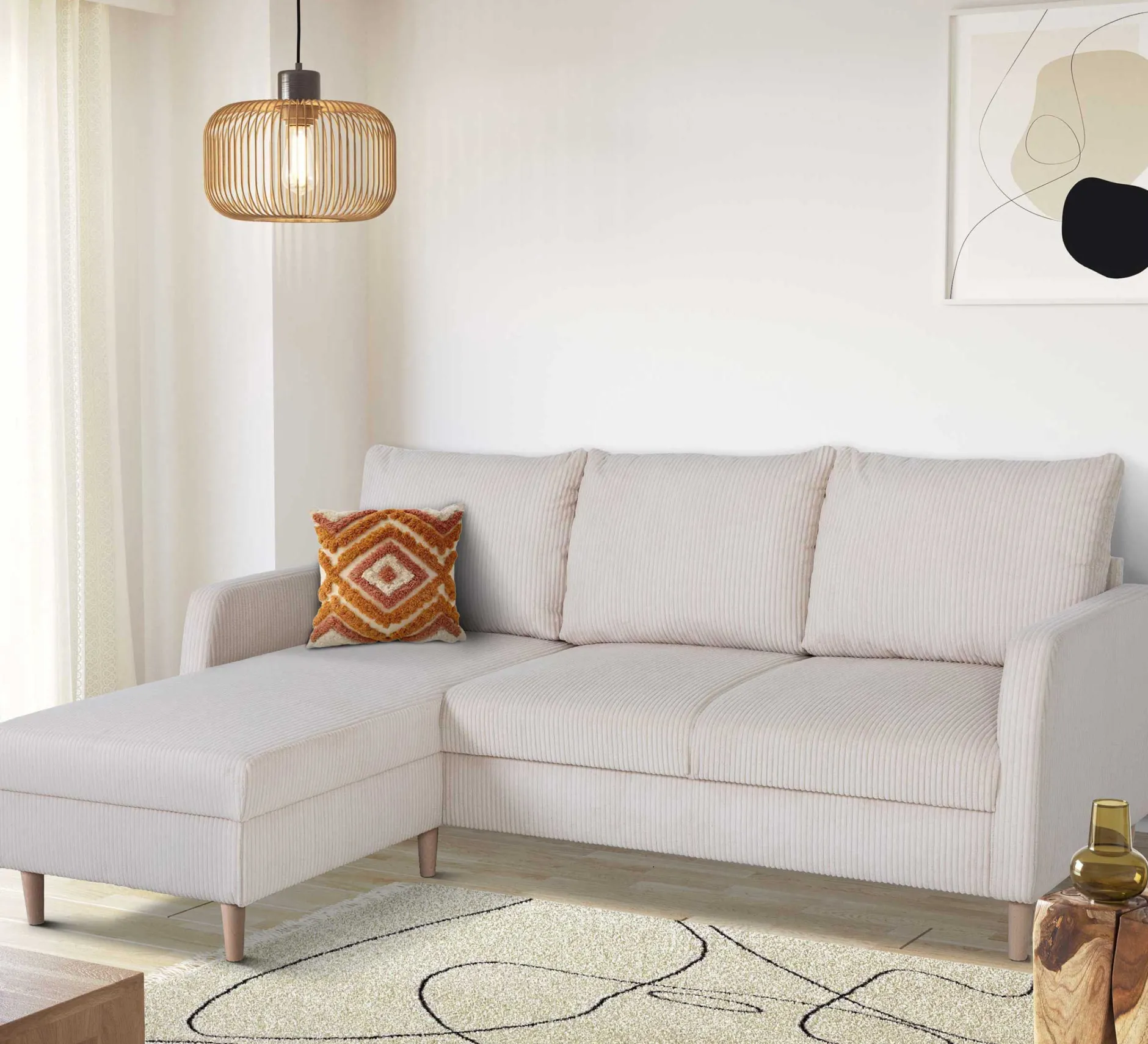 Chip Ecksofa links - 192x137x82cm - beige gerippter Samt
