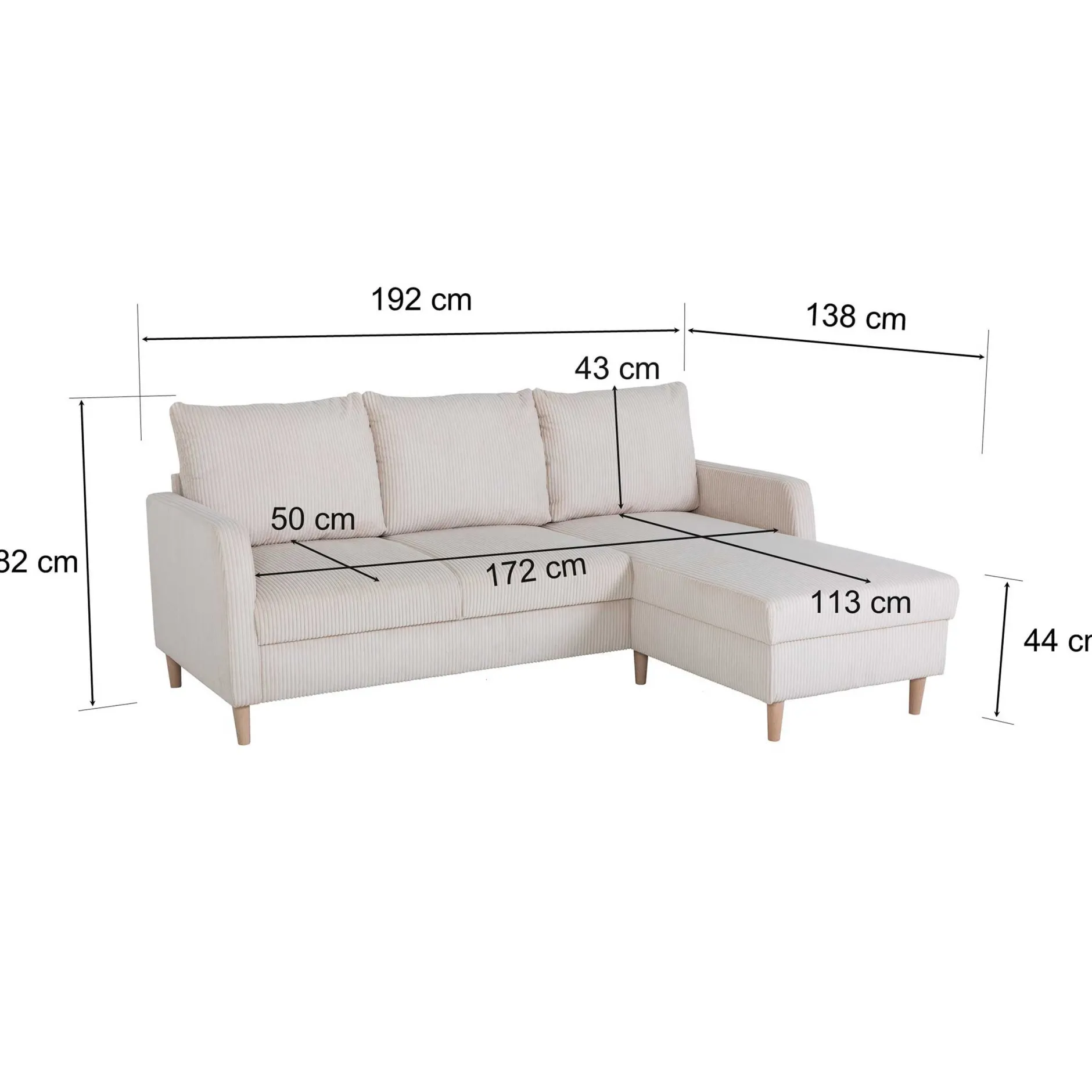 Chip Ecksofa links - 192x137x82cm - beige gerippter Samt
