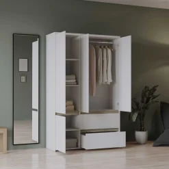 Clyde Kleiderschrank - 4 Türen und 2 Schubladen - Dekor Weiß/Eiche