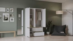 Clyde Kleiderschrank - 4 Türen und 2 Schubladen - Dekor Weiß/Eiche