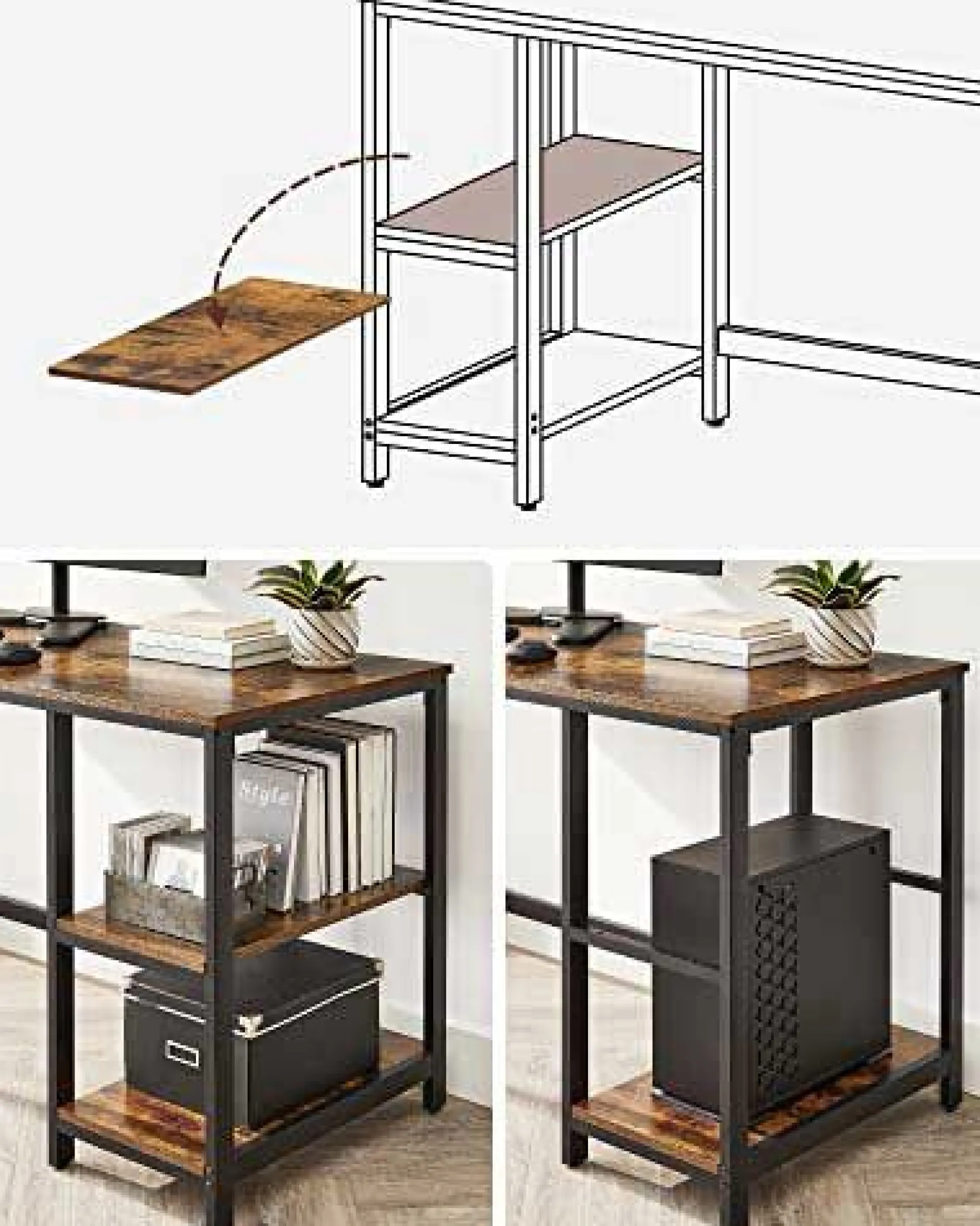 Computertisch, 2 Ablagen, Stahlgestell, industriell, rustikal braun/schwarz